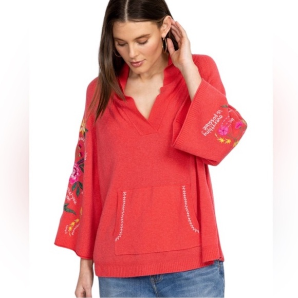 Johnny Was Sedona Cashmere Floral Embroidered V Neck Sweater - Coral - Picture 3 of 6